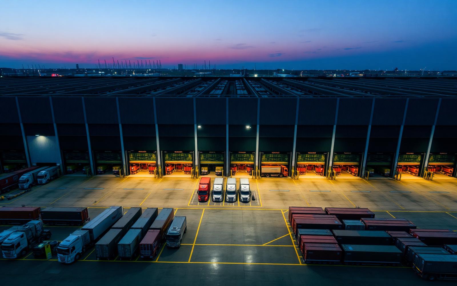 Modern logistics warehouse at twilight